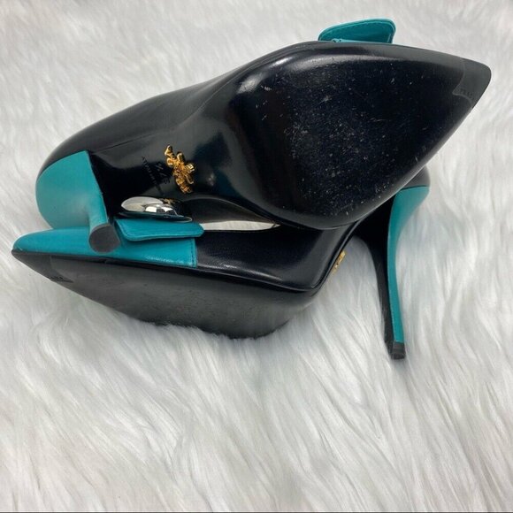 Prada Women's Capretto Turchese Silver Accent Pointed Toe Bicolor Pumps‎ EU 37.5 - Picture 8 of 11